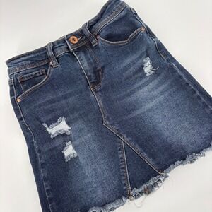 YMI Girl Dark Wash Distressed Denim Mini Skirt Raw Hem Girls Size 7‎